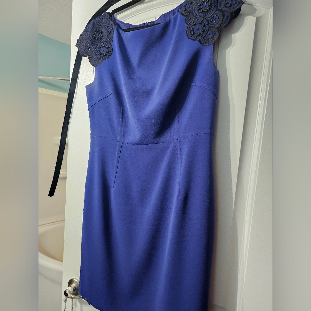 Chetta B sunhee blue dress with black embellishments and black belt size 14